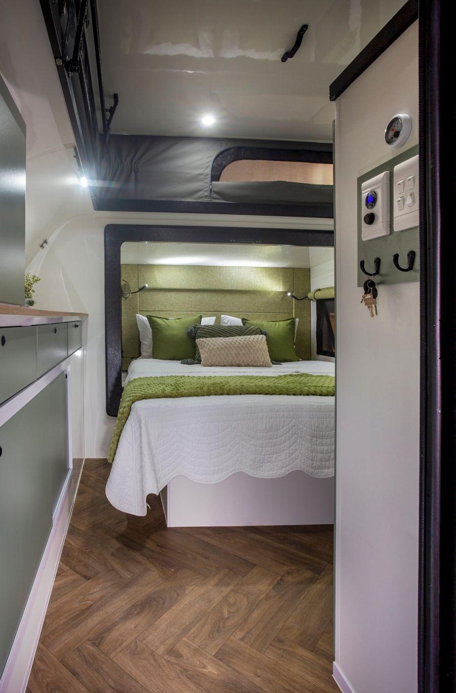 Comfortable bed in an outdoor caravan